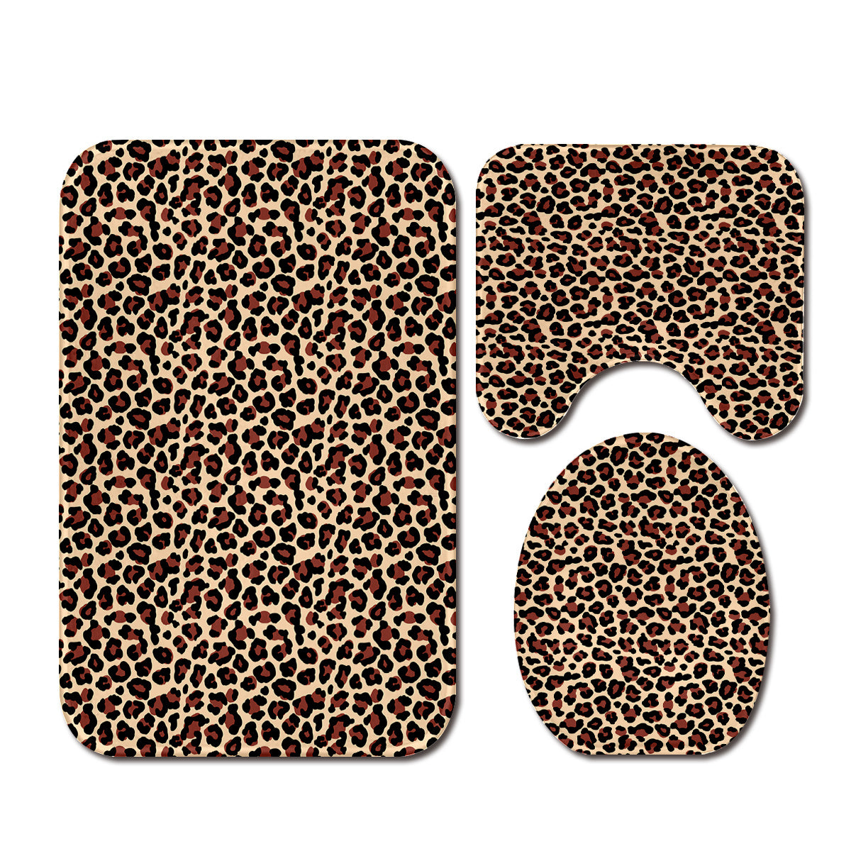 3pcs set Leopard Print Bathroom Mat, Bathroom Mat Set, Thickened Non-slip Quality Good machine washable Mat, Bathroom Decorations, Set includes Bath Rug, Contour Mat and Toilet Seat Cover Spring All-season Decoration
