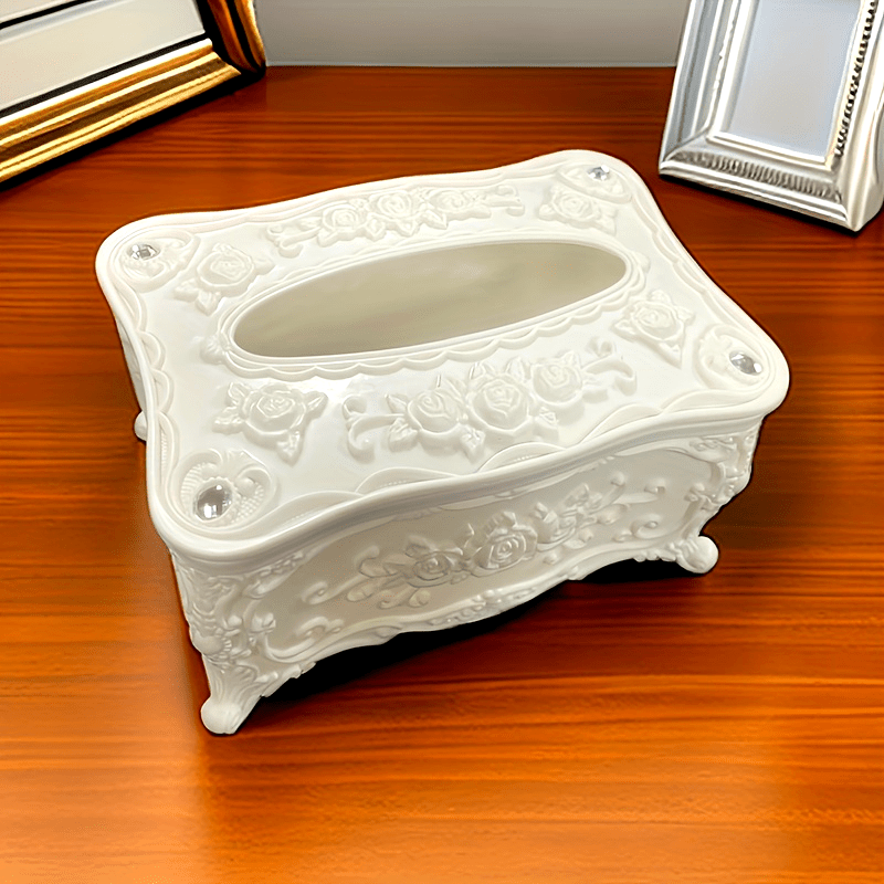 Elegant White Rose Pattern Tissue Box Holder - Square Plastic Napkin Dispenser for Bathroom, Living Room, Vanity & Hotel Use