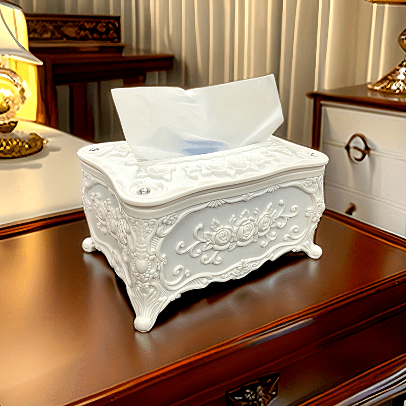 Elegant White Rose Pattern Tissue Box Holder - Square Plastic Napkin Dispenser for Bathroom, Living Room, Vanity & Hotel Use