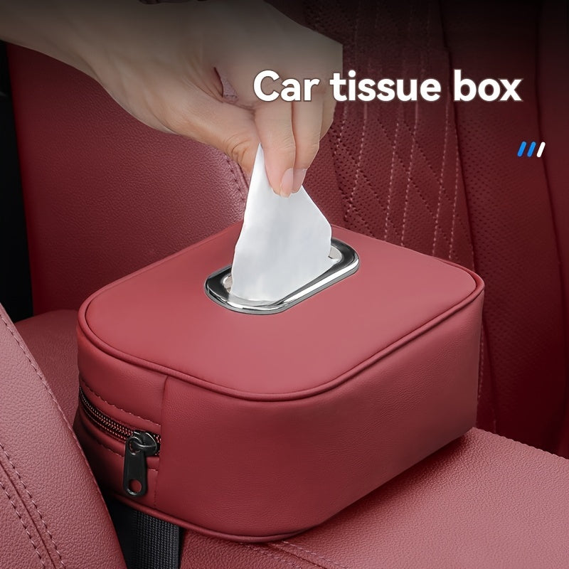 1pc PUPU PU Leather Car Tissue Box Holder, Multi-Functional Storage Organizer for Sun Visor, Seat Back, Armrest - Vehicle Interior Accessory