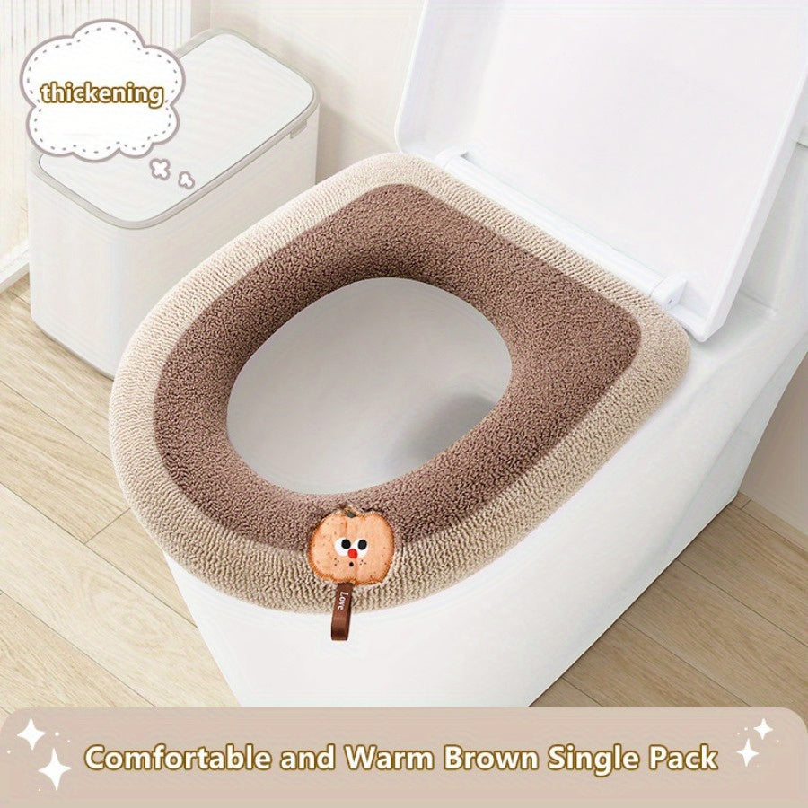 1pc Winter Warm Knitted Toilet Seat Cushion, Thickened Plush Fabric, All-Season, Full Coverage, Machine Washable with Convenient Handle for Home Comfort