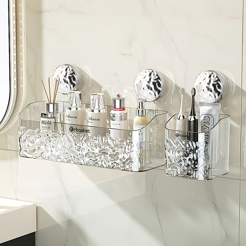 Wall Mount Shower Caddy Organizer with Adjustable Shelves, Polished Finish, Rectangle PET Bathroom Storage Rack for Cosmetics and Toiletries with Suction Cups, Glacier Pattern Design - 1pc