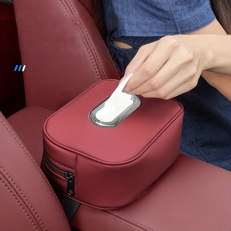 1pc PUPU PU Leather Car Tissue Box Holder, Multi-Functional Storage Organizer for Sun Visor, Seat Back, Armrest - Vehicle Interior Accessory