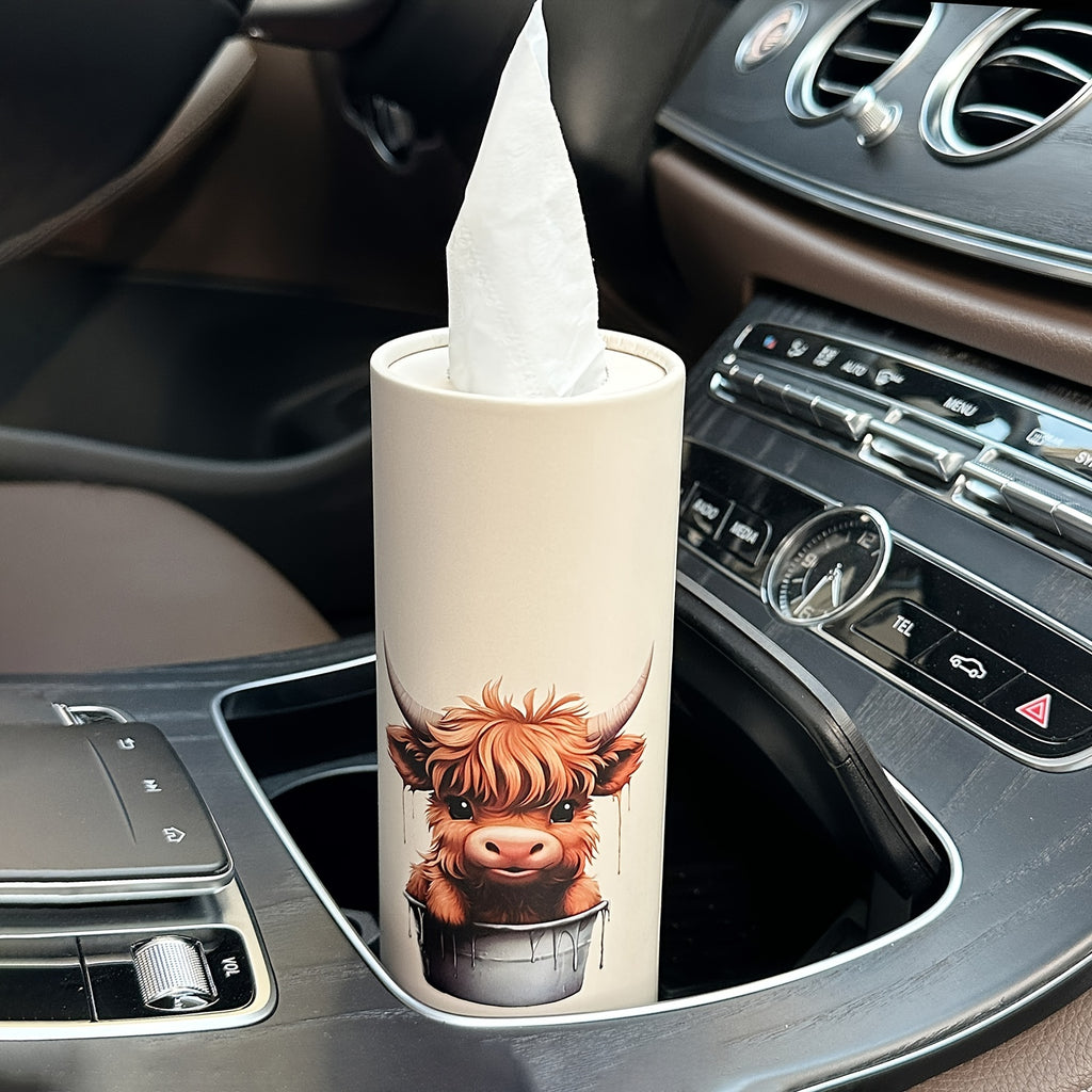 1pc Highland Cow Car Tissues Box with Facial Tissues - Travel Tissue Cylinder Tubes for Car Cup Holder, Round Tissue Case for Home Dining Table