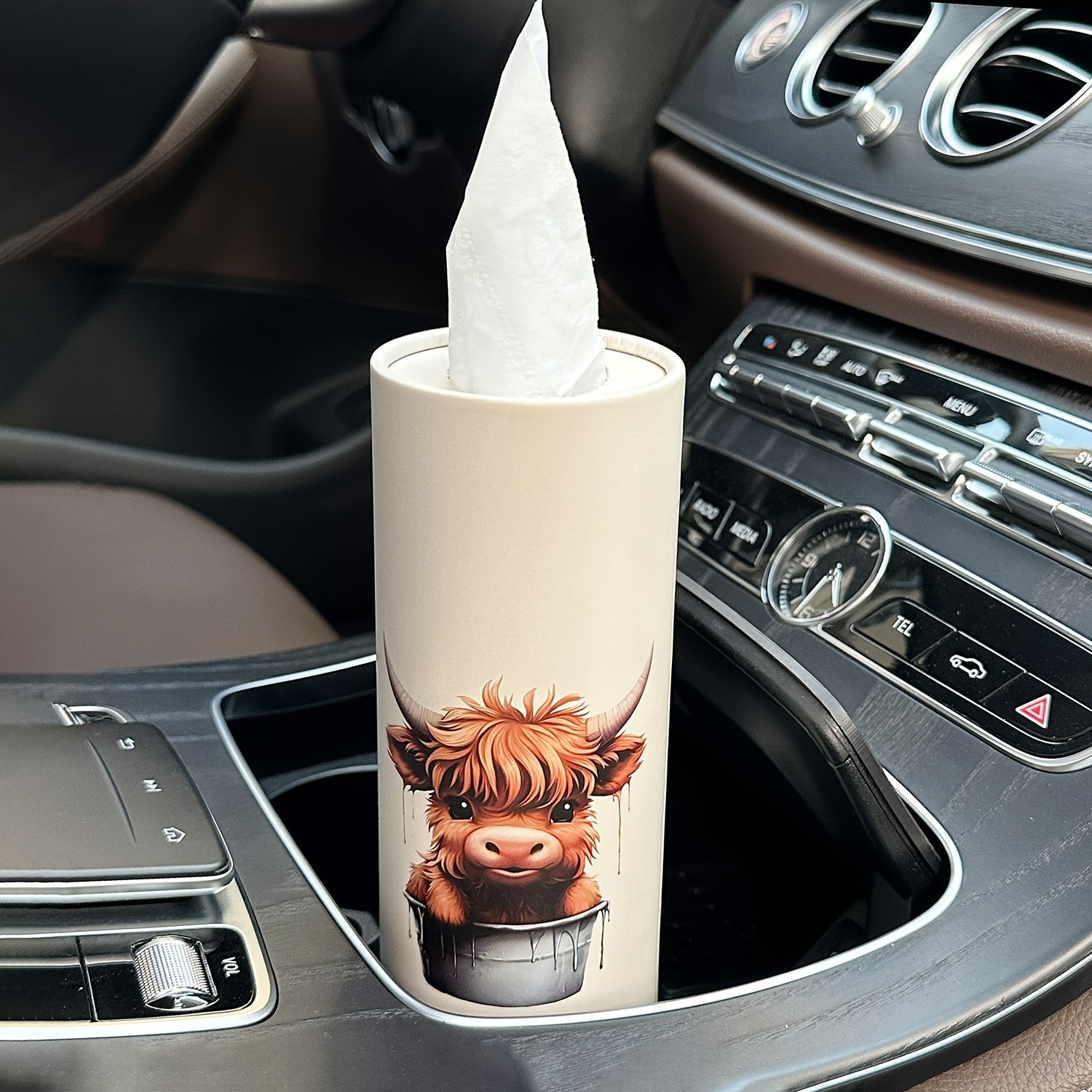 1pc Highland Cow Car Tissues Box with Facial Tissues - Travel Tissue Cylinder Tubes for Car Cup Holder, Round Tissue Case for Home Dining Table