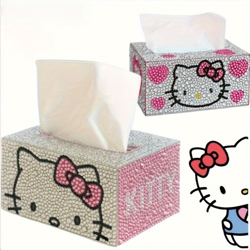 1pc Sanrio Hello Kitty DIY Diamond Painting Tissue Box - Round\u002FSquare Rhinestone Craft Kit, Suitable for Home Decor and Car Storage