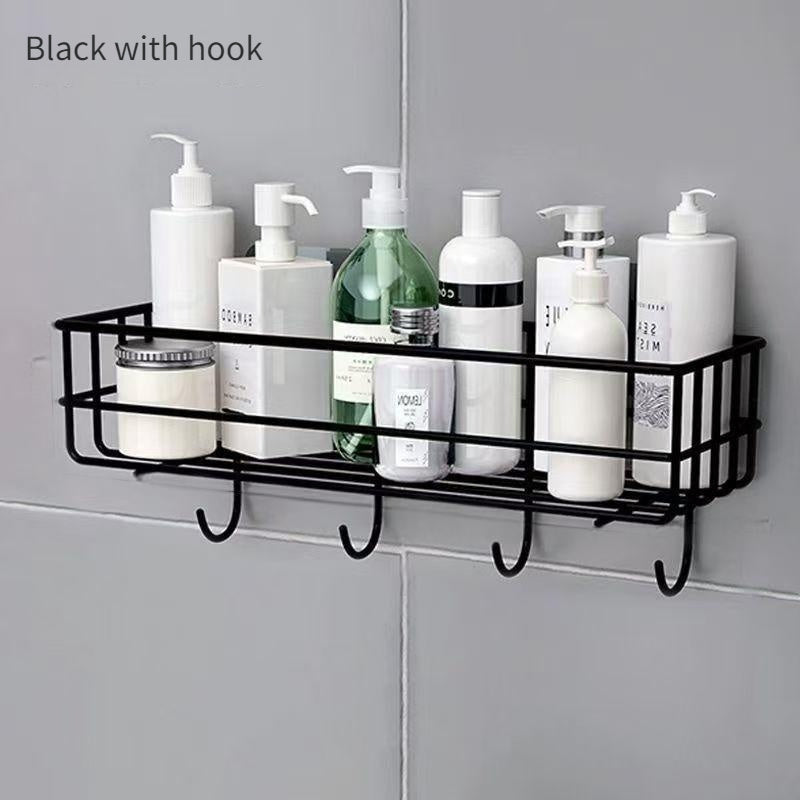 Wrought Iron Bathroom Shelf with Hooks, Wall Hanging Storage Rack, Painted Finish, No Drilling Required, Single Shelf Organizer for Shower Gel and Toiletries