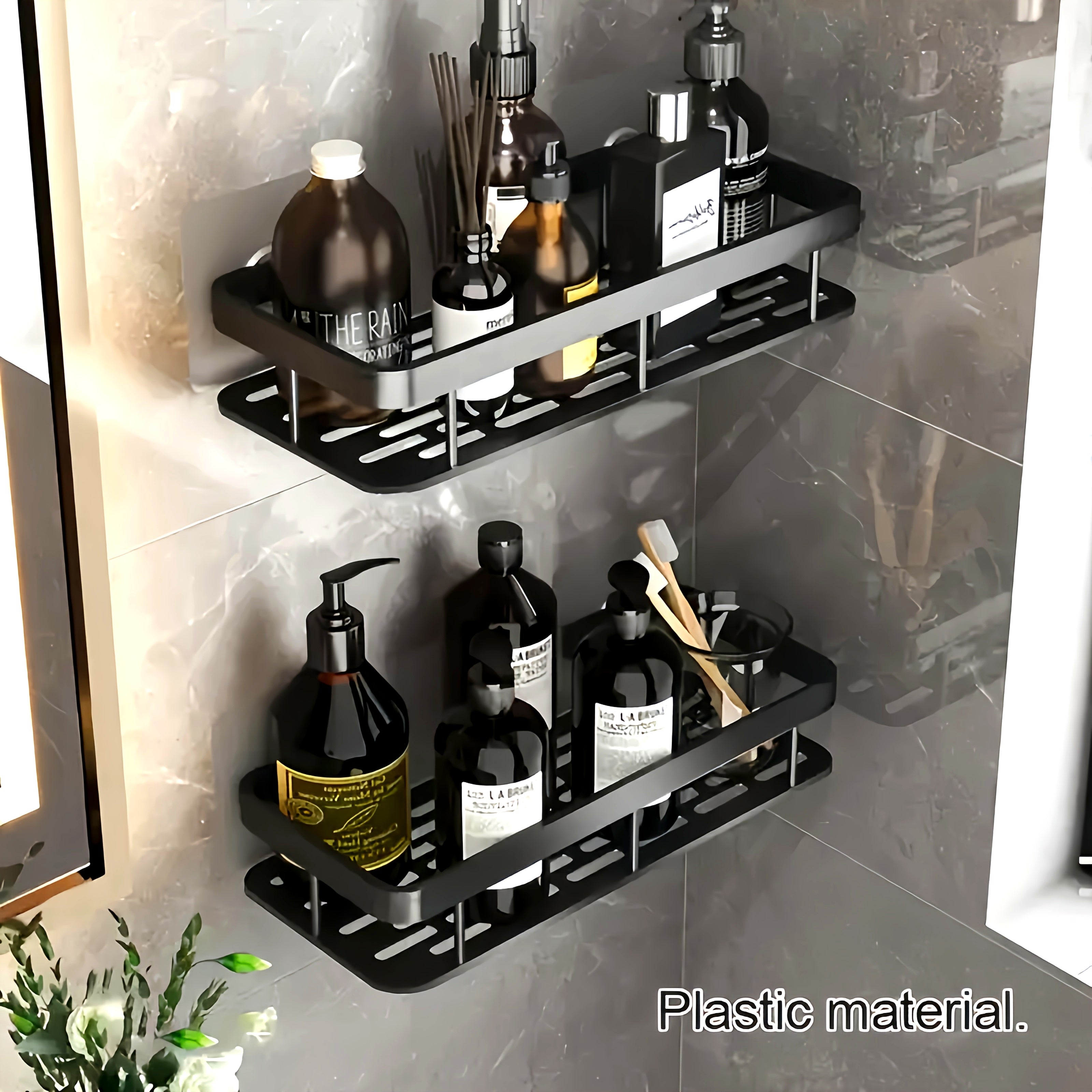 Wall-Mounted Shower Caddy, Large Capacity, No-Drill Installation, Floating Shelf for Bathroom and Kitchen, Space-Saving, Easy to Install, Holds Toiletries, Cosmetics, and Miscellaneous Items, Oil Rubbed Finish, Durable Plastic Material