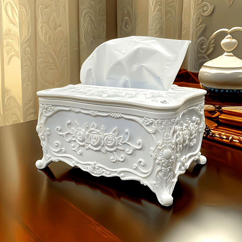 Elegant White Rose Pattern Tissue Box Holder - Square Plastic Napkin Dispenser for Bathroom, Living Room, Vanity & Hotel Use
