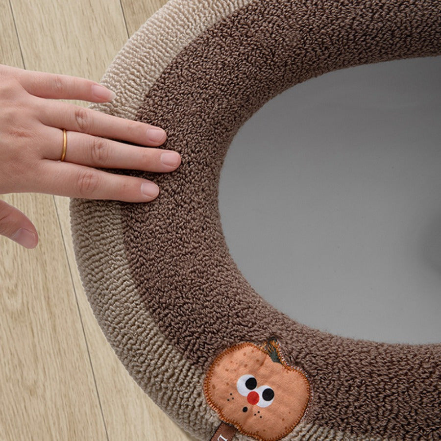 1pc Winter Warm Knitted Toilet Seat Cushion, Thickened Plush Fabric, All-Season, Full Coverage, Machine Washable with Convenient Handle for Home Comfort