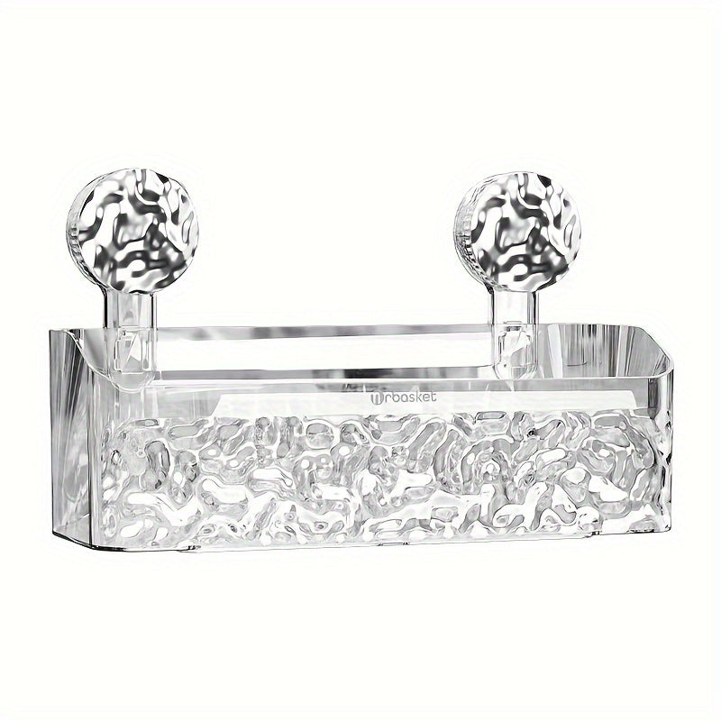 Wall Mount Shower Caddy Organizer with Adjustable Shelves, Polished Finish, Rectangle PET Bathroom Storage Rack for Cosmetics and Toiletries with Suction Cups, Glacier Pattern Design - 1pc