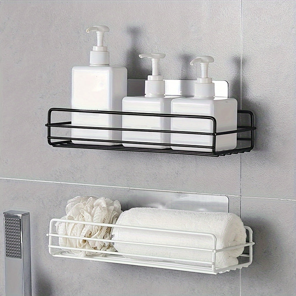 1pc No-Drill Wall-Mounted Wrought Iron Bathroom Shelf - Rust-Proof 3-Tier Shower Organizer with Suction Cups, Black Metal Storage Rack for Toiletries, Towels & Bottles, Toiletry Holder | Modern Bathroom Decor | Nodrill Installation, Bathroom Accessories