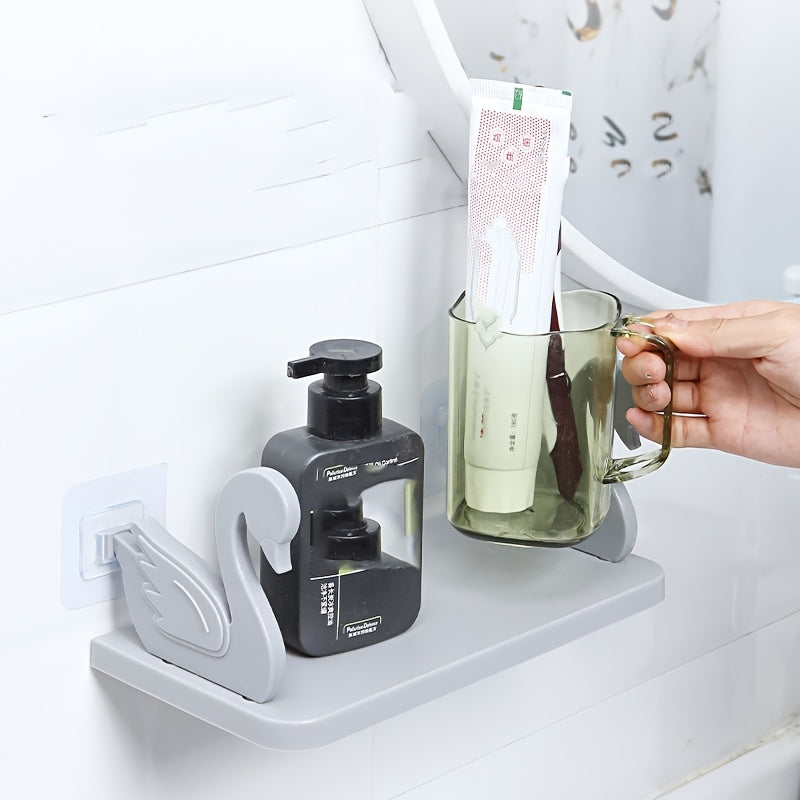 1pc Swan-Shaped Wall-Mounted Storage Rack, Plastic Rectangular Hanging Shelf with No-Drill Adhesive for Bathroom Vanity and Kitchen Organization, Toiletry Holder | Rectangular Shelf | Plastic Construction, Bathroom Organizers And Storage