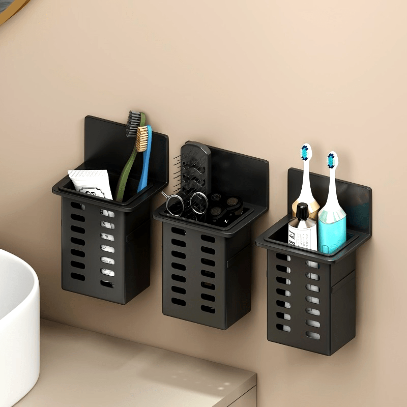 1pc\u002F2pcs Black Resin Punch-Free Wall-Mounted Storage Cubby Shelf, Plastic Drain Organizer for Kitchen & Bathroom Accessories, Home Organization Hanging Rack