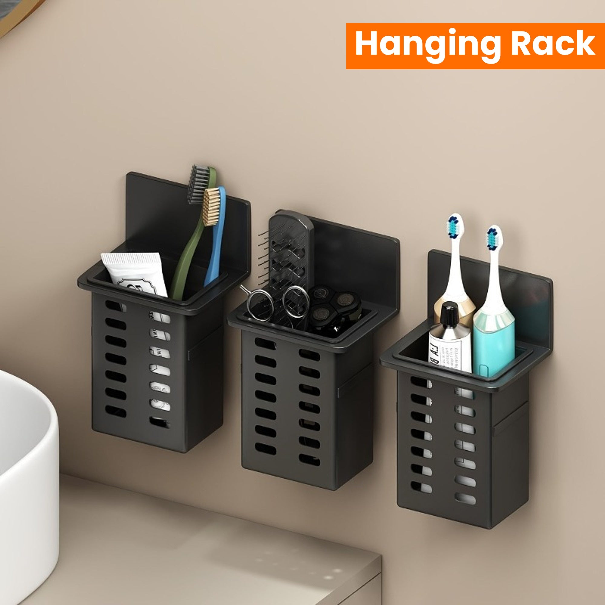 1pc\u002F2pcs Black Resin Punch-Free Wall-Mounted Storage Cubby Shelf, Plastic Drain Organizer for Kitchen & Bathroom Accessories, Home Organization Hanging Rack