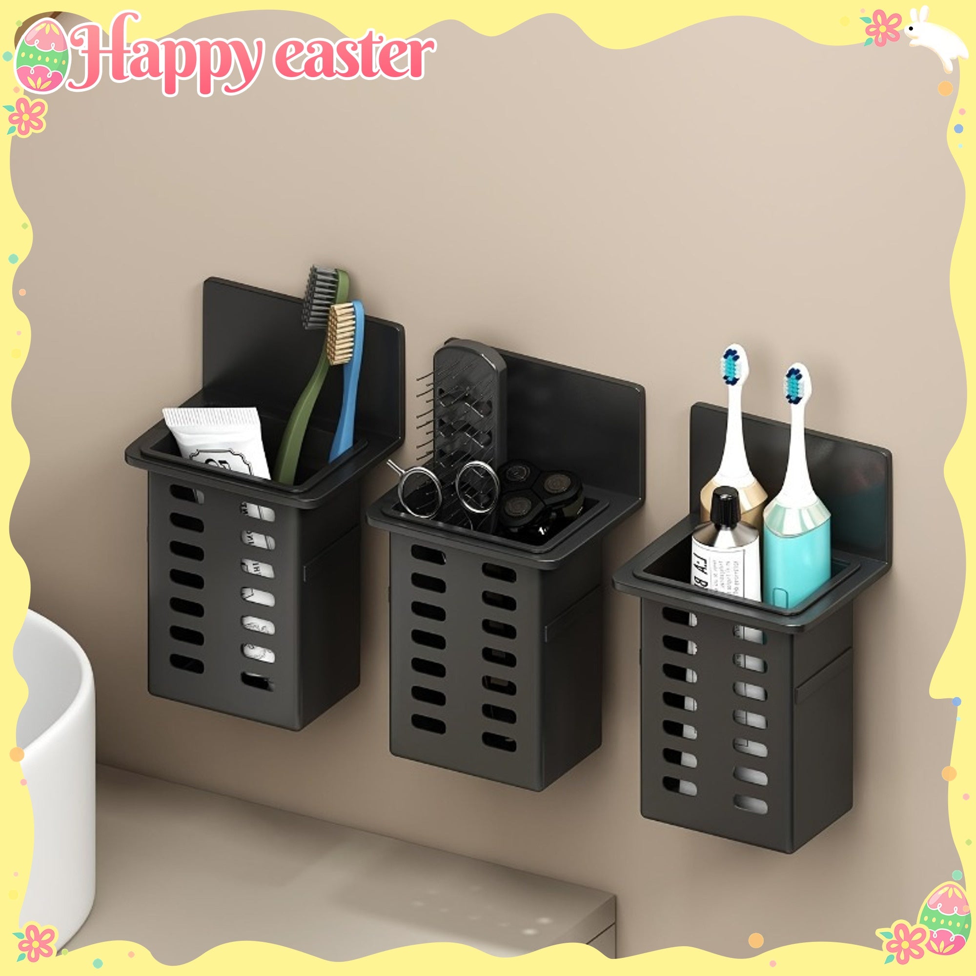 1pc\u002F2pcs Black Resin Punch-Free Wall-Mounted Storage Cubby Shelf, Plastic Drain Organizer for Kitchen & Bathroom Accessories, Home Organization Hanging Rack