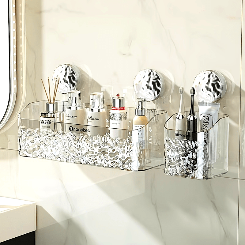 Wall Mount Shower Caddy Organizer with Adjustable Shelves, Polished Finish, Rectangle PET Bathroom Storage Rack for Cosmetics and Toiletries with Suction Cups, Glacier Pattern Design - 1pc