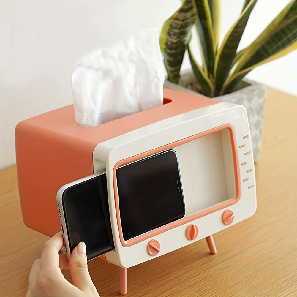 Retro Tv-Inspired Tissue Box Holder with Mobile Phone Dock - Multifunctional Rectangle Plastic Dispenser for Home & Office Decor - 1 PC Halloween, Christmas Decorations