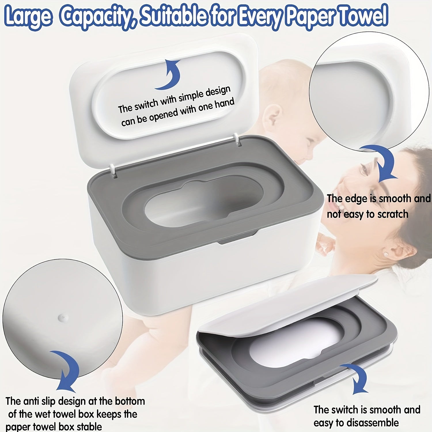 Easy-Tear Tissue Dispenser for Adults 14+, Refillable Wet Wipe Dispenser, Single-Hand Operation, Non-Slip Base, Compatible with Various Tissues, White PP Material
