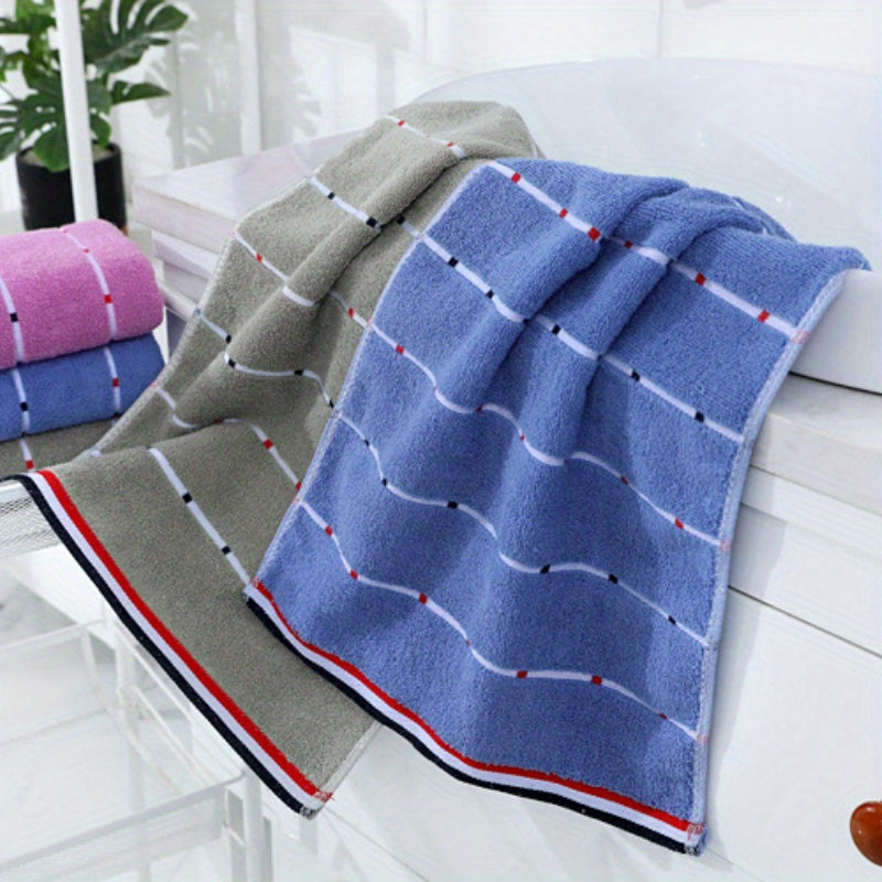 1pc Ultra-Absorbent Thick Towel for Adults - Pink, Blue & Gray Striped Design - Perfect for Face, Sweat, Outdoor & Camping Use - Modern Rectangular Hand or Dry Clean Towel