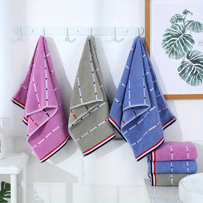 1pc Ultra-Absorbent Thick Towel for Adults - Pink, Blue & Gray Striped Design - Perfect for Face, Sweat, Outdoor & Camping Use - Modern Rectangular Hand or Dry Clean Towel