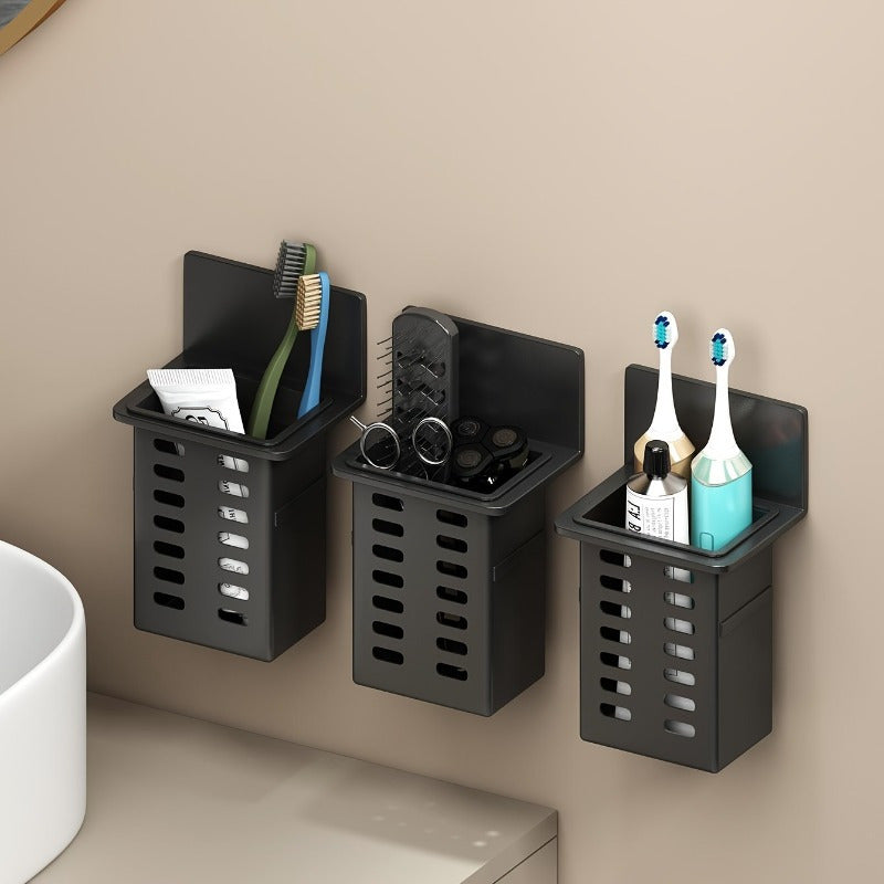 1pc\u002F2pcs Black Resin Punch-Free Wall-Mounted Storage Cubby Shelf, Plastic Drain Organizer for Kitchen & Bathroom Accessories, Home Organization Hanging Rack