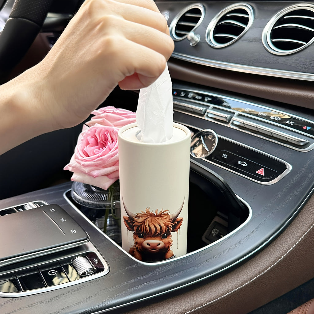 1pc Highland Cow Car Tissues Box with Facial Tissues - Travel Tissue Cylinder Tubes for Car Cup Holder, Round Tissue Case for Home Dining Table