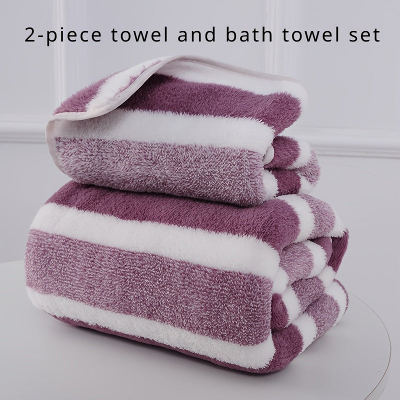 Luxury Striped Towel Set, Includes a Short Hand Towel and a Long Bath Towel - Highly Absorbent, Quick-Drying and Soft, Perfect for Home Use, Hotels, RV Travel, Outdoor Activities, Spas and Salons - Comes with a Bath Towel and a Hand Towel