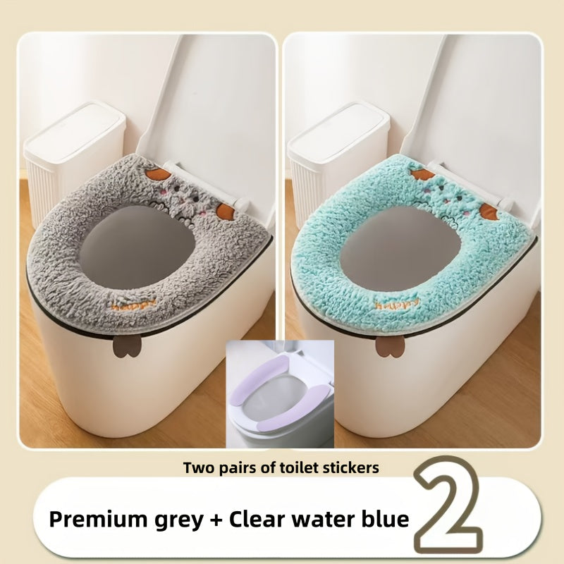 1pc Cute Cartoon Cat Design Toilet Seat Cover, Soft Polyester Fiber, Hand Washable, Water-Resistant, Universal Fit with Zipper, Thickened for All Seasons Comfort