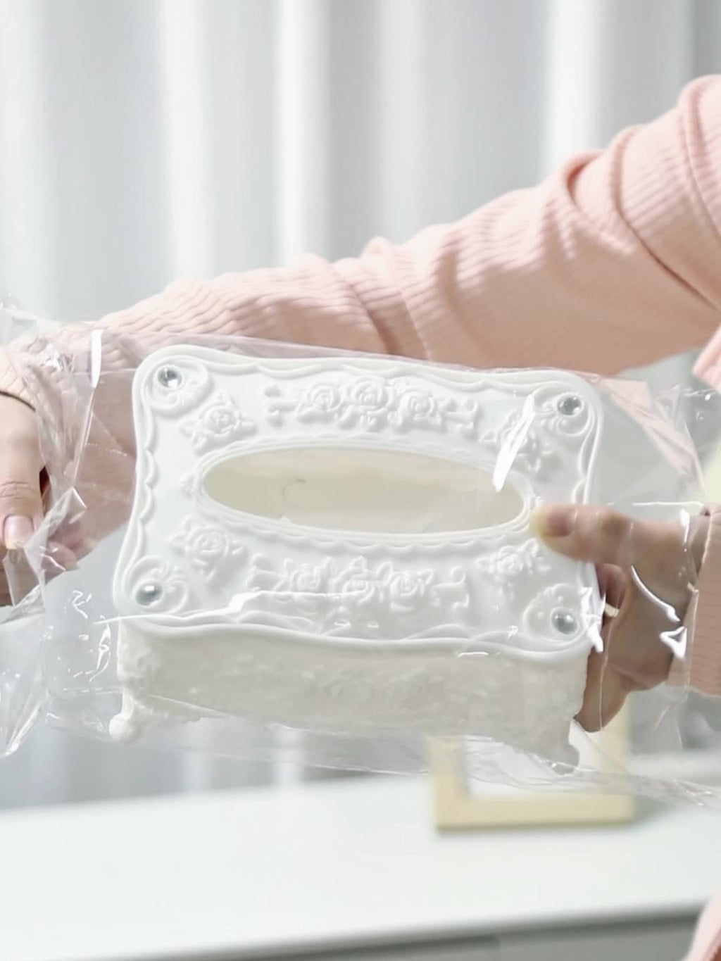 Elegant White Rose Pattern Tissue Box Holder - Square Plastic Napkin Dispenser for Bathroom, Living Room, Vanity & Hotel Use