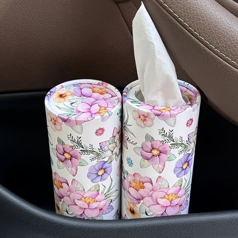 1pc White Flowers Car Tissues Box Holder - Travel Tissue Cylinder for Car Cup Holder and Home Dining Table