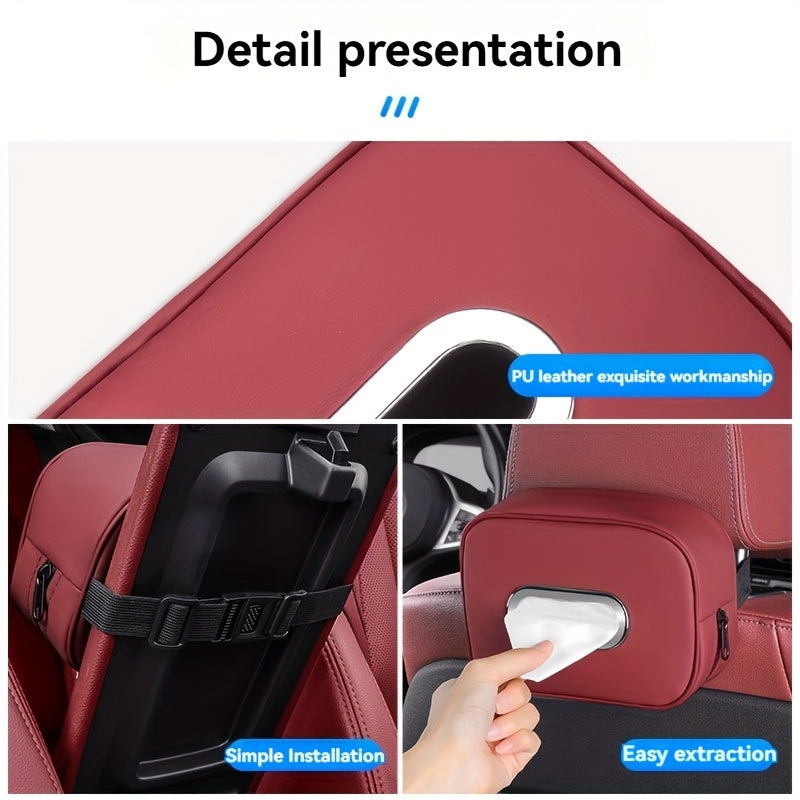 1pc PUPU PU Leather Car Tissue Box Holder, Multi-Functional Storage Organizer for Sun Visor, Seat Back, Armrest - Vehicle Interior Accessory