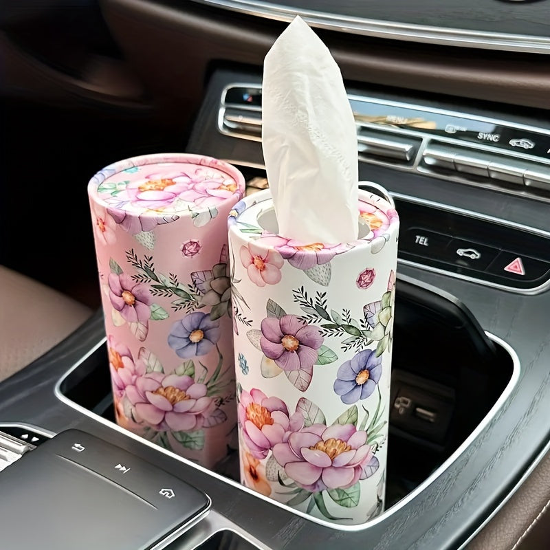 1pc White Flowers Car Tissues Box Holder - Travel Tissue Cylinder for Car Cup Holder and Home Dining Table