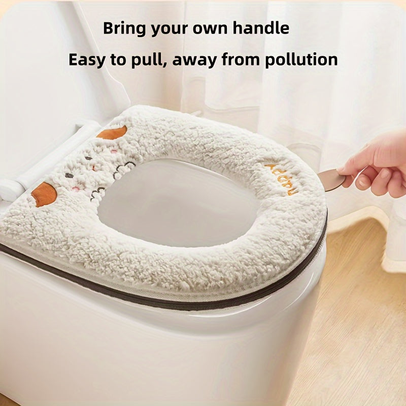 1pc Cute Cartoon Cat Design Toilet Seat Cover, Soft Polyester Fiber, Hand Washable, Water-Resistant, Universal Fit with Zipper, Thickened for All Seasons Comfort