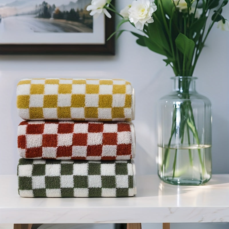 Elegant Bohemian Style Bath Towels - Soft Polyester & Nylon Blend, Classic Check Pattern in Green, White, Yellow, and Purple, Perfect for Home Decor, Bathroom Essentials|Elegant Bathroom Decor|Soft Texture, Wash Cloths