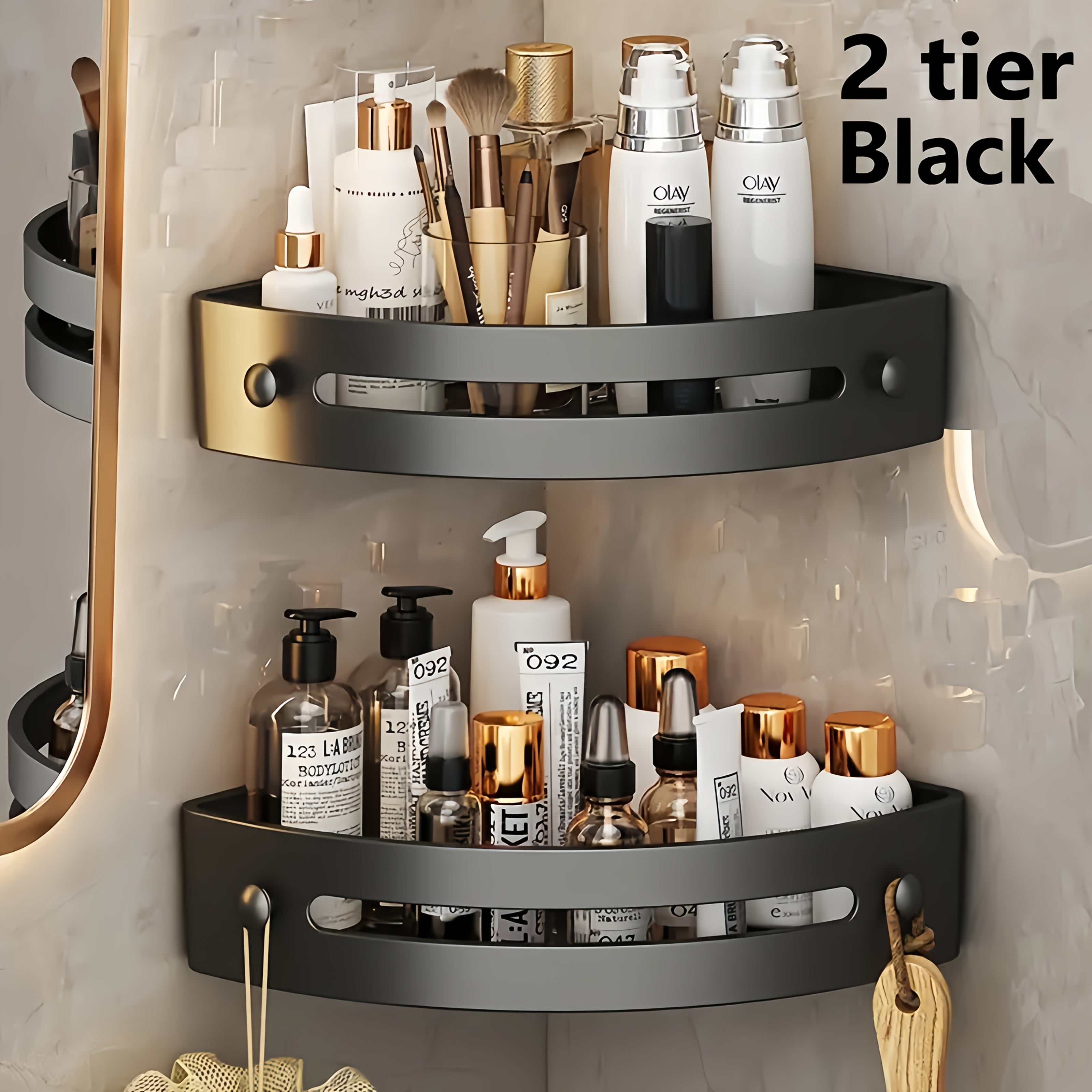 2pcs Bathroom Corner Shower Caddy, No-Drill Adhesive Wall-Mounted Shampoo Holder for Bathrooms, Holds Up to 6 Bottles of Conditioner