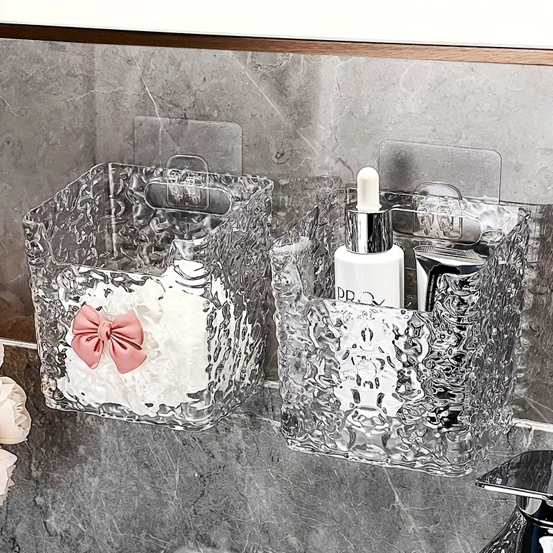 Transparent Glacier Texture Wall-mounted Storage Box with Pink Bow Design - Perfect for Toothpaste, Toothbrushes and Cosmetics - Stylish Bathroom Accessories, Bathroom Storage and Storage, AYQW, Shelf, Shelves