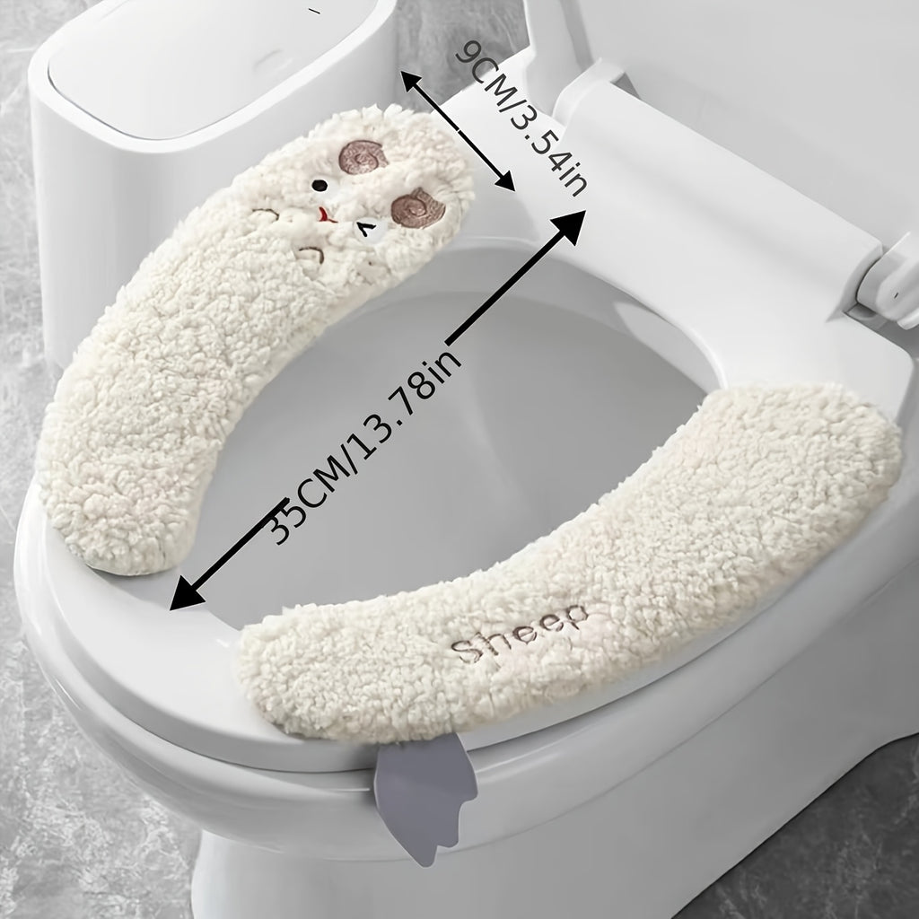 1 Pair of Plush Sheep-Shaped Toilet Seat Covers - Thick, Warm, Aseptic, All-Season Comfort, Soft Polyester, Hand-Washable with Adhesive Backing - Cute Bathroom Accessory