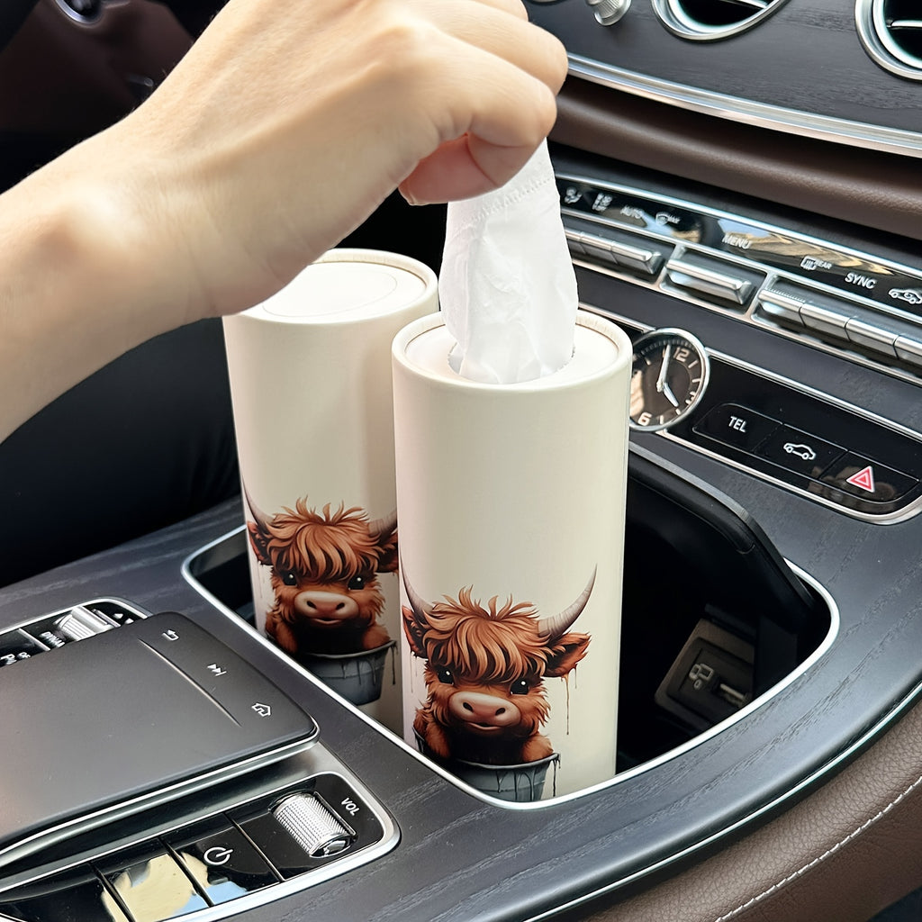 1pc Highland Cow Car Tissues Box with Facial Tissues - Travel Tissue Cylinder Tubes for Car Cup Holder, Round Tissue Case for Home Dining Table