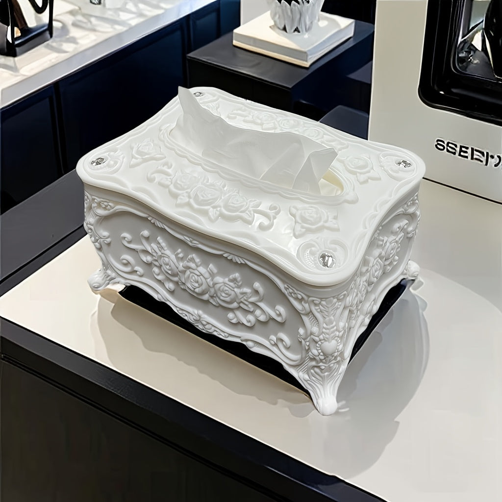 Elegant White Rose Pattern Tissue Box Holder - Square Plastic Napkin Dispenser for Bathroom, Living Room, Vanity & Hotel Use