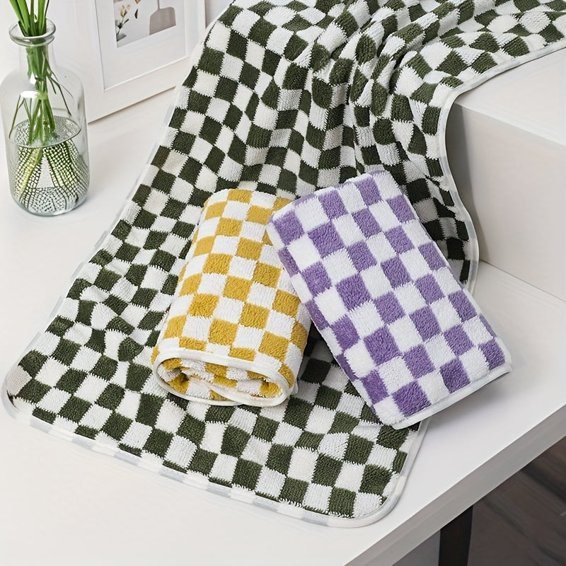 Elegant Bohemian Style Bath Towels - Soft Polyester & Nylon Blend, Classic Check Pattern in Green, White, Yellow, and Purple, Perfect for Home Decor, Bathroom Essentials|Elegant Bathroom Decor|Soft Texture, Wash Cloths