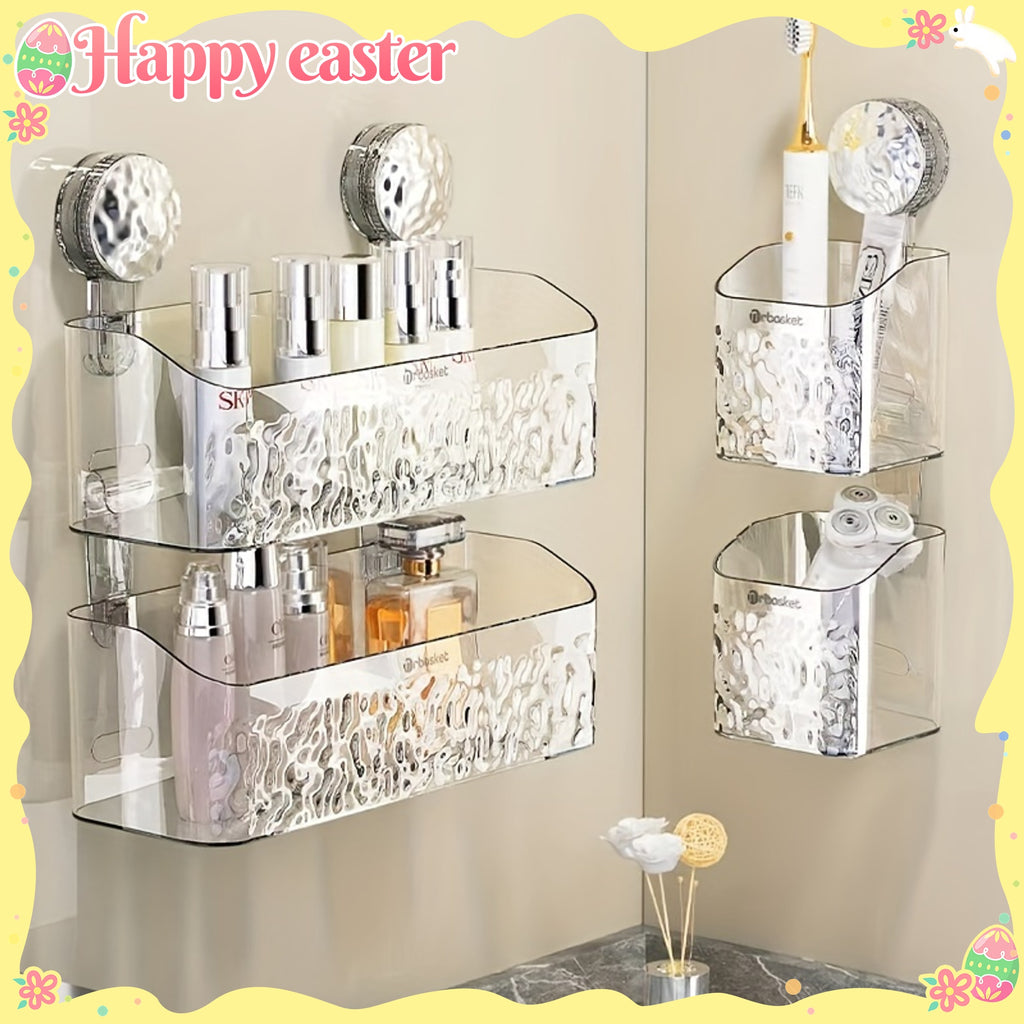 Wall Mount Shower Caddy Organizer with Adjustable Shelves, Polished Finish, Rectangle PET Bathroom Storage Rack for Cosmetics and Toiletries with Suction Cups, Glacier Pattern Design - 1pc