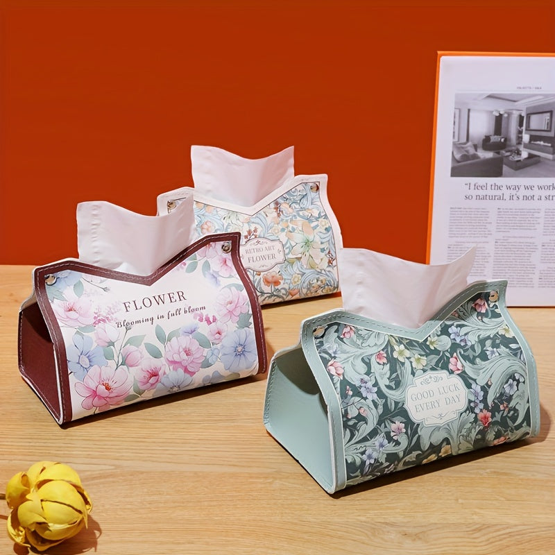 Vintage Floral Art PVC Tissue Box Cover - Elegant Retro Painted Napkin Holder for Living Room, Car, and Desktop Storage, Positioning Printing Design, Lightweight Handbag Organizer