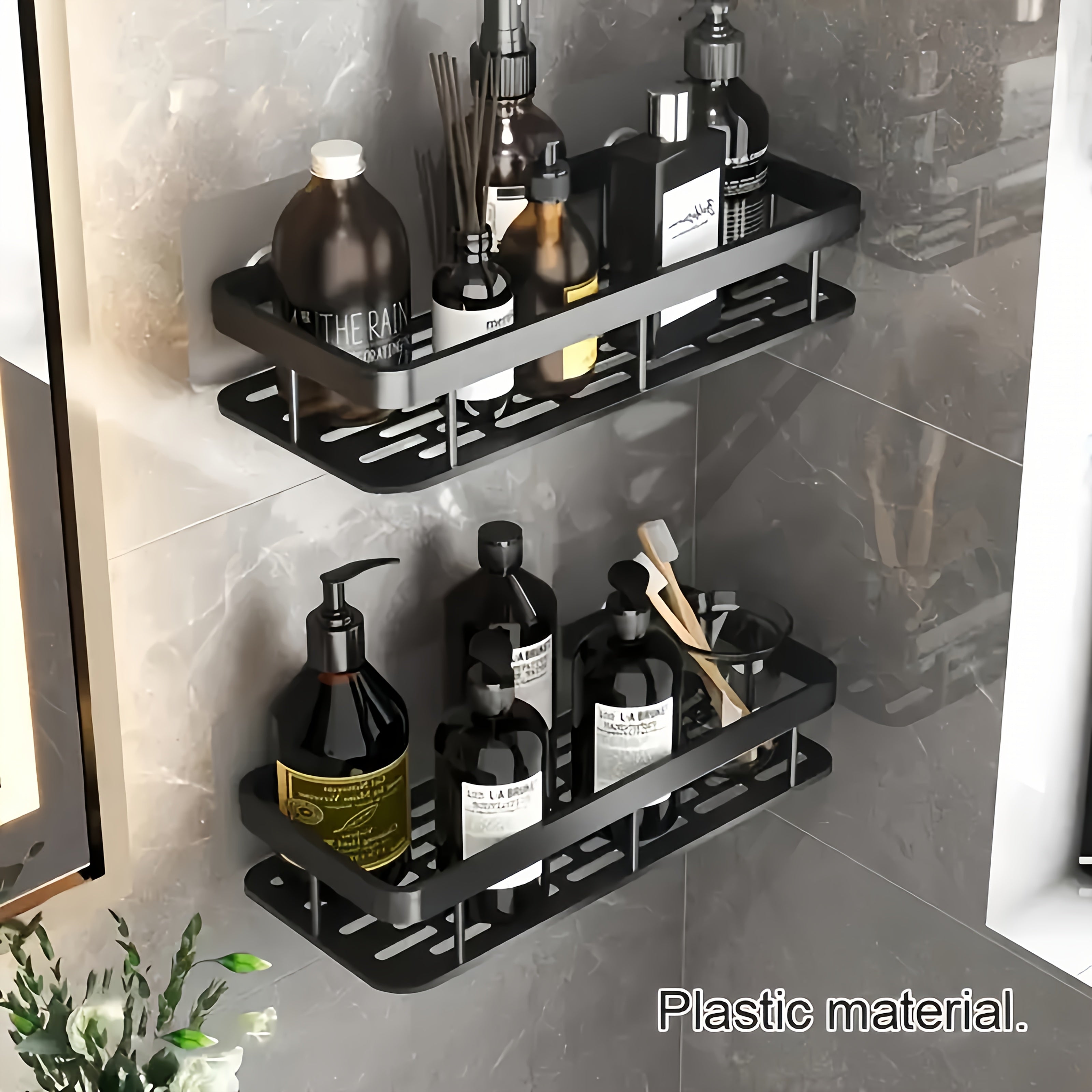 Wall-Mounted Shower Caddy, Large Capacity, No-Drill Installation, Floating Shelf for Bathroom and Kitchen, Space-Saving, Easy to Install, Holds Toiletries, Cosmetics, and Miscellaneous Items, Oil Rubbed Finish, Durable Plastic Material