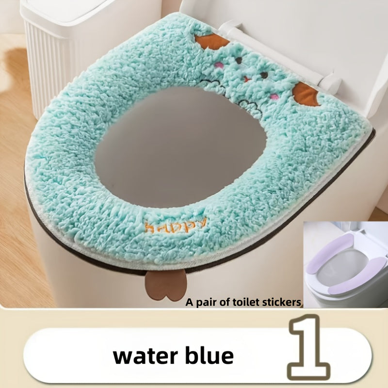 1pc Cute Cartoon Cat Design Toilet Seat Cover, Soft Polyester Fiber, Hand Washable, Water-Resistant, Universal Fit with Zipper, Thickened for All Seasons Comfort