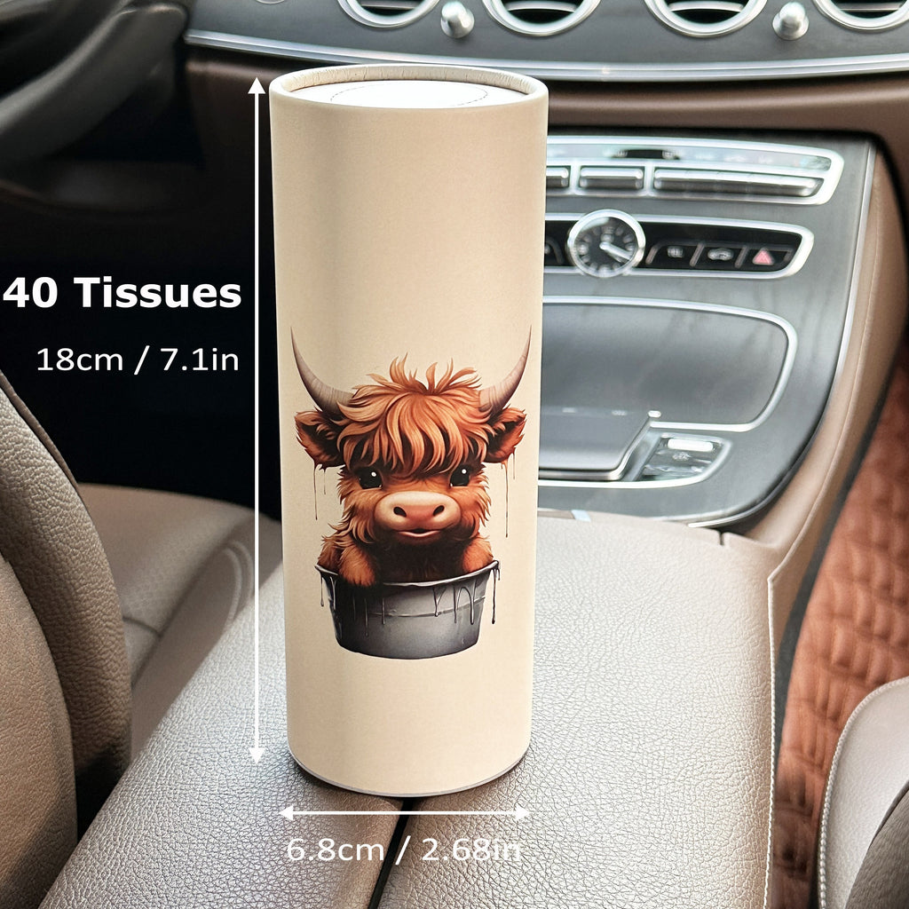 1pc Highland Cow Car Tissues Box with Facial Tissues - Travel Tissue Cylinder Tubes for Car Cup Holder, Round Tissue Case for Home Dining Table