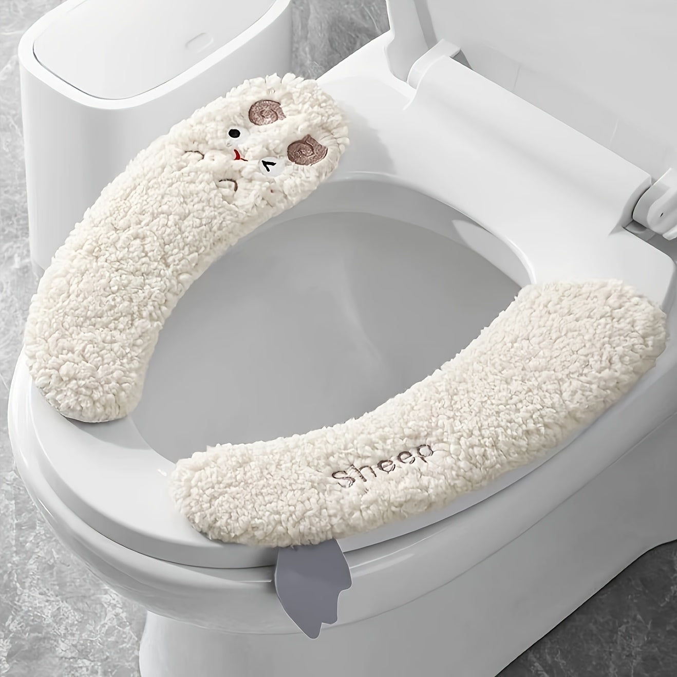 1 Pair of Plush Sheep-Shaped Toilet Seat Covers - Thick, Warm, Aseptic, All-Season Comfort, Soft Polyester, Hand-Washable with Adhesive Backing - Cute Bathroom Accessory