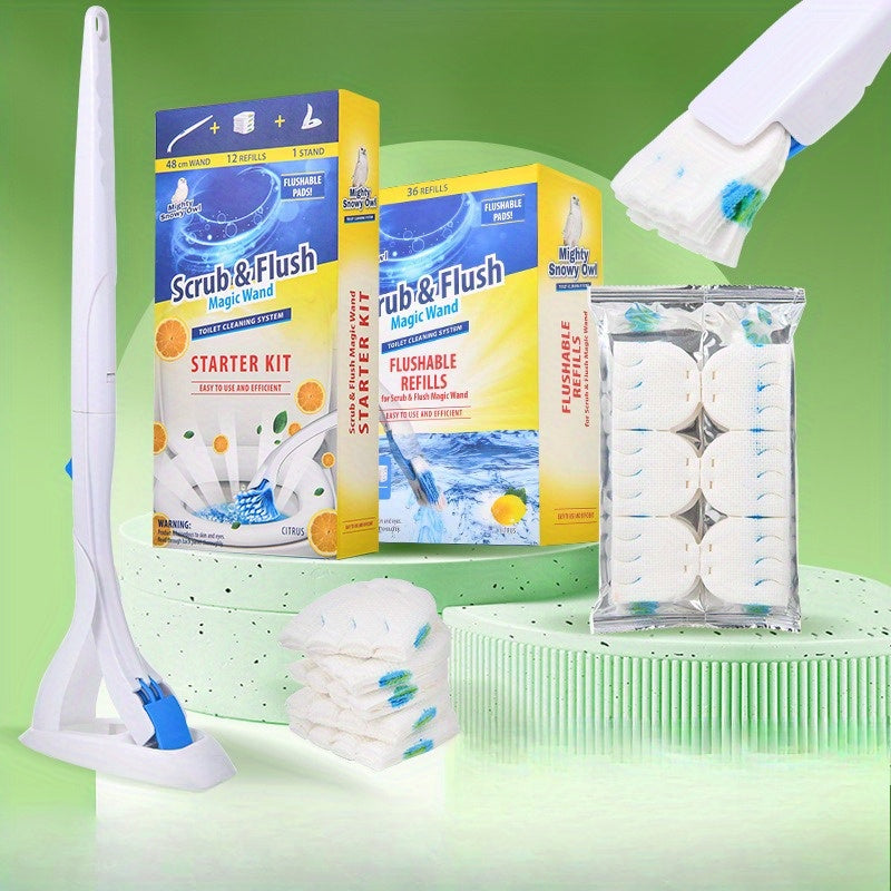 Disposable Toilet Brush with Water-Soluble Cleaning Head, Heavy-Duty Stain Removal and Replacement Set