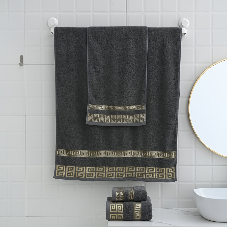 Luxurious Pure Cotton Geometric Pattern Towel - Soft, Absorbent, Quick-Dry for Bath or Face, 13.39x29.53inch or 27.56x55.12inch, Black with Golden Thread, Modern Design, Hand Wash Only, Bath Towels
