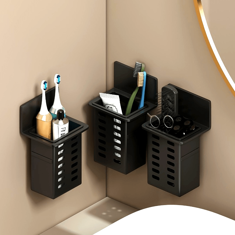 1pc\u002F2pcs Black Resin Punch-Free Wall-Mounted Storage Cubby Shelf, Plastic Drain Organizer for Kitchen & Bathroom Accessories, Home Organization Hanging Rack